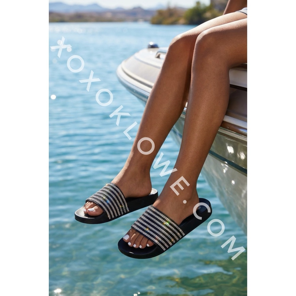 Qupid Black Rhinestone Slide Sandals | Sparkly Slip On Flat - Picture 5 of 9